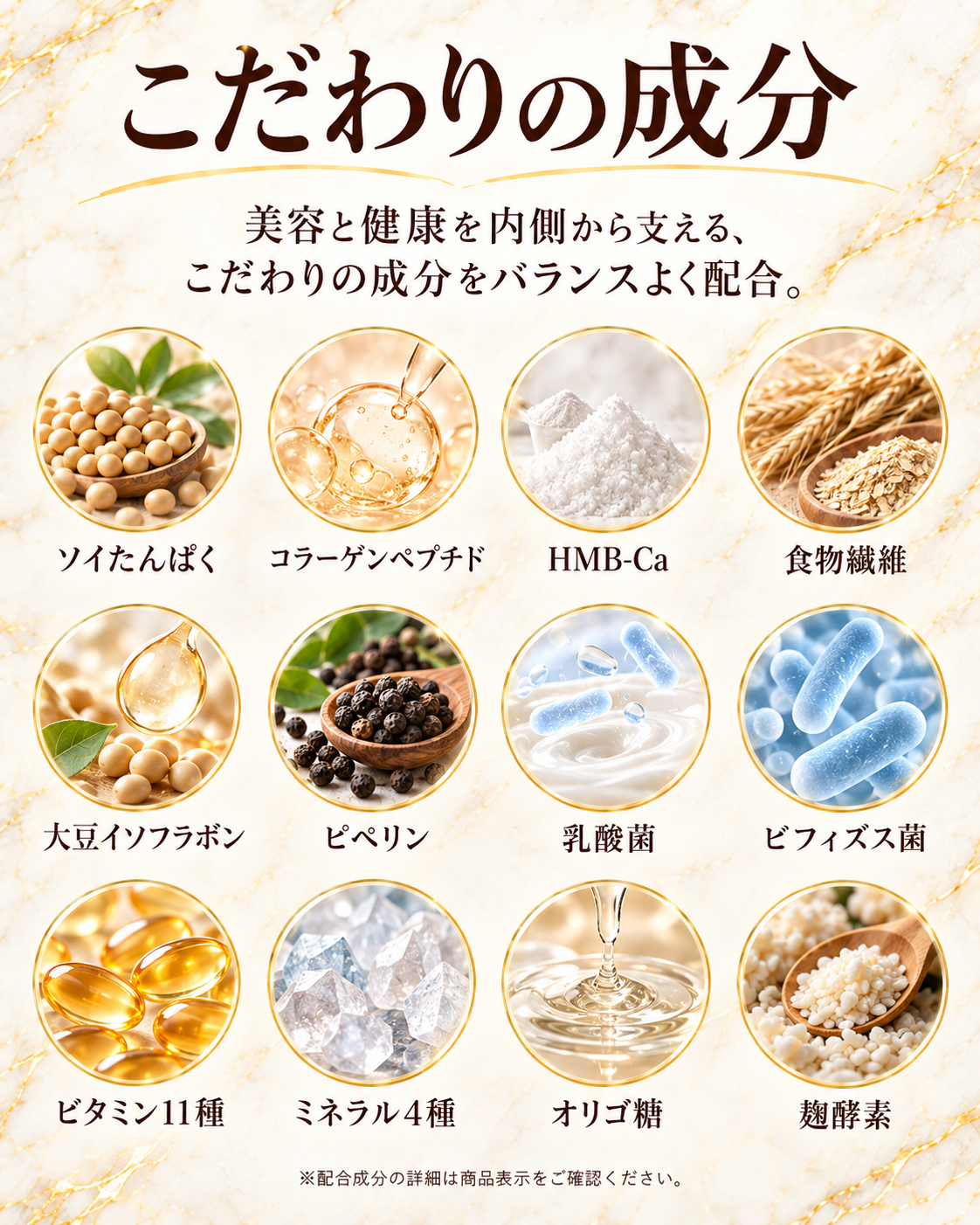 乳酸菌・ビフィズス菌 22種　食物繊維 2,500mg　　ビタミン 11種　ミネラル 4種　オリゴ糖　　麹酵素　　大豆イソフラボン　HMB-Ca 300mg　　BCAA 100mg　ピペリン　　